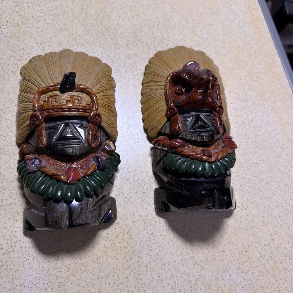 Carved Obsidian Warriors Clay Headdress Semi-Precious Stones Aztec Figures